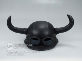 Шлем КОЖАНЫЙ, черный с РОГАМИ +очки имиджевые