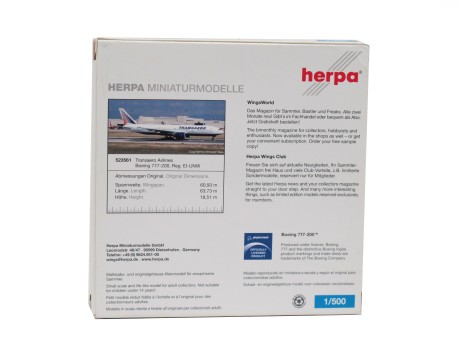 Модель самолёта Herpa Boeing 777-200 Transaero Airlines (16346509366016)